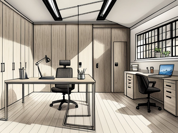 pencil drawing of a double garage converted into an office workspace