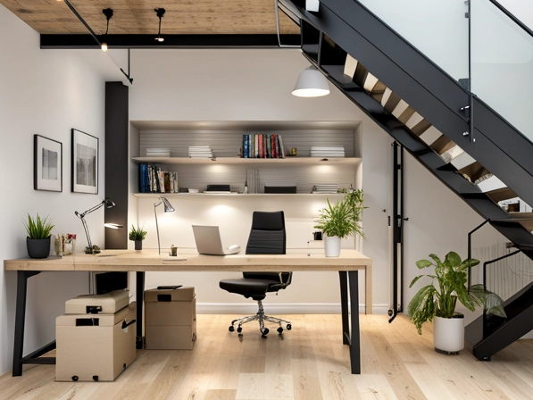 image of the interior of a double garage converted to an upmarket office space with stairs leading into a loft space snug